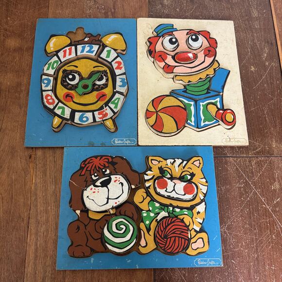 Rainbow‎ Crafts 1950s Wood Resin Children's Puzzles Clock Clown Dog Cat READ - Picture 1 of 9